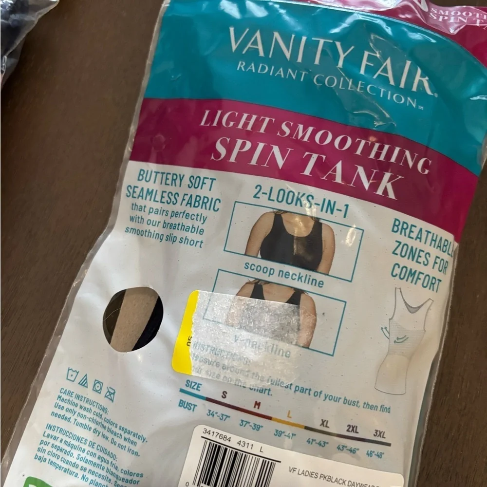 Vanity Fair Smoothing Spin Tank Seamless Black Tank Top sz L NWT